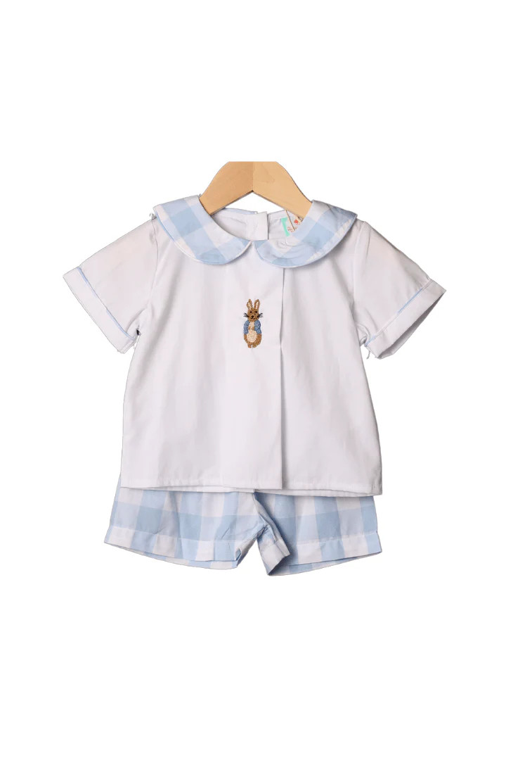 French Knot Peter Rabbit Blue Gingham Short Set | The Smocked Flamingo