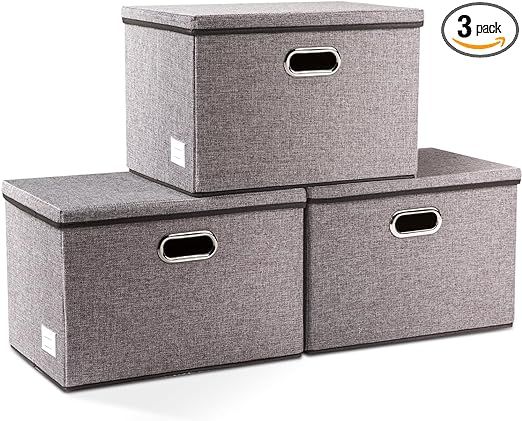 PRANDOM Large Collapsible Storage Bins with Lids [3-Pack] Linen Fabric Foldable Storage Boxes Org... | Amazon (US)