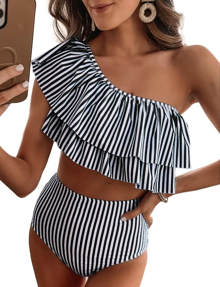 VIMPUNEC Ruffle One Shoulder Swimsuits for Women Striped High Waisted Two Piece Bathing Suits | Amazon (US)
