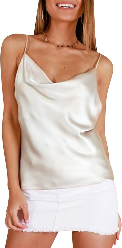 Miessial Women's Spaghetti Straps V Neck Satin Camisole Sleeveless Soft Tank Tops | Amazon (US)
