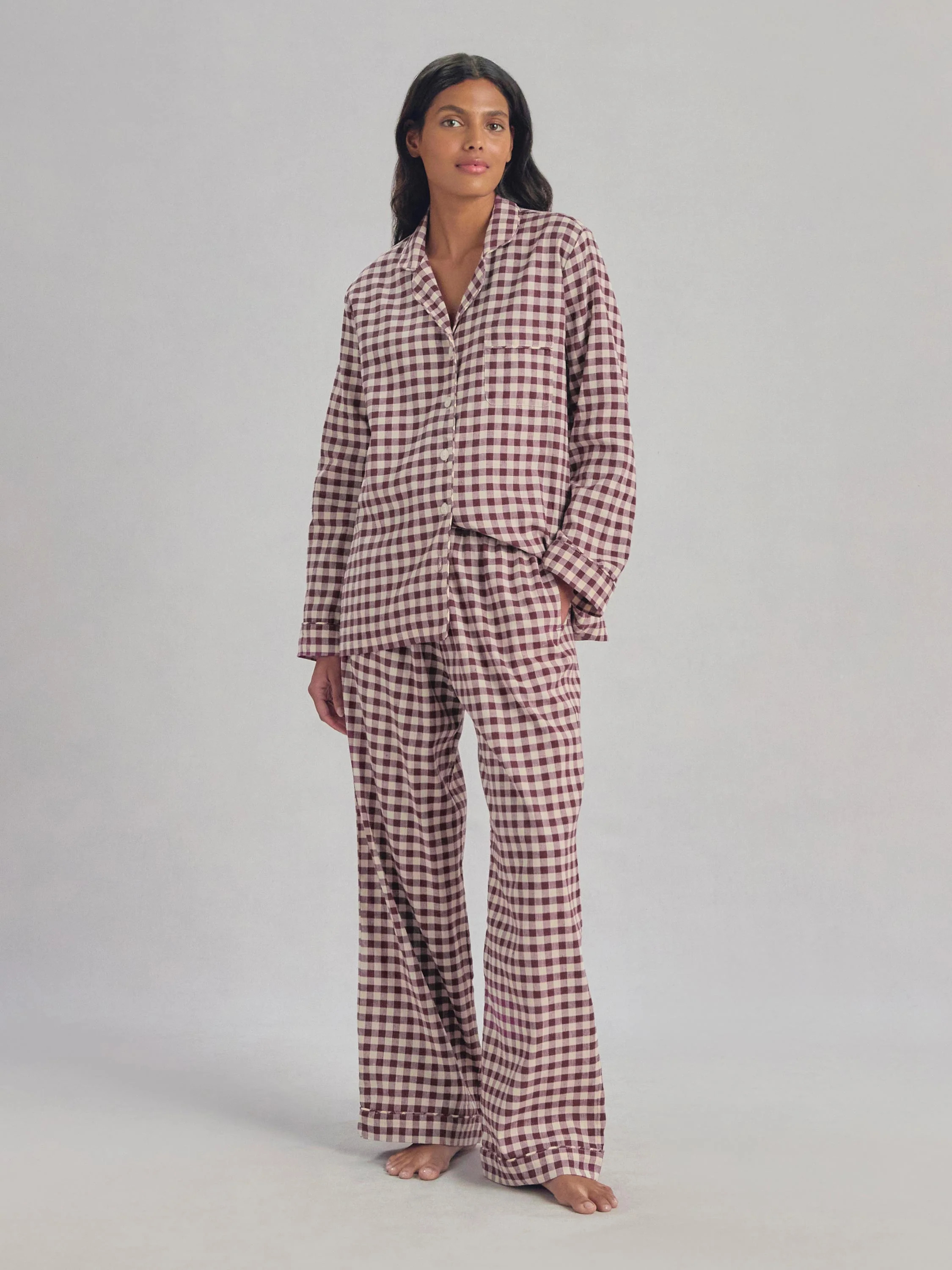 Berry Gingham Linen Blend Pyjama Trouser Set | Piglet