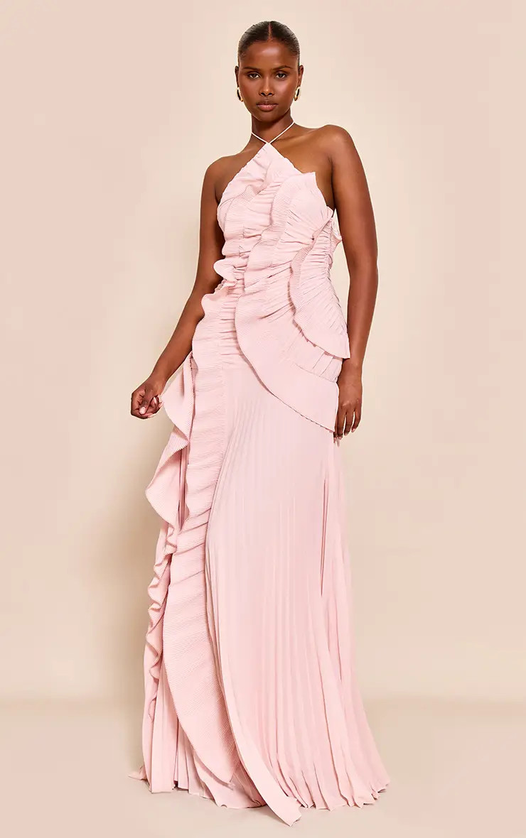 Blush Pleated Frill Halterneck Maxi Dress | PrettyLittleThing US