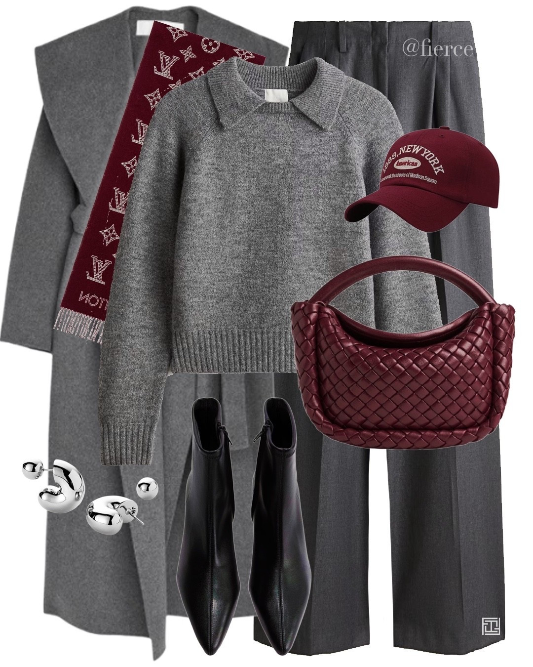 Grey wool belted coat grey polo jumper black heeled ankle boots grey tailored trousers Bottega burgundy bag burgundy baseball cap burgundy Louis Vuitton scarf 

#LTKautumn 

#LTKuk #LTKwinter