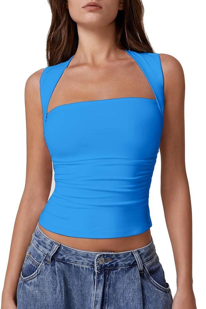 QINSEN Womens Square Neck Tank Tops Side Ruched Double Lined Slim Fit Summer Going Out Crop Top | Amazon (US)