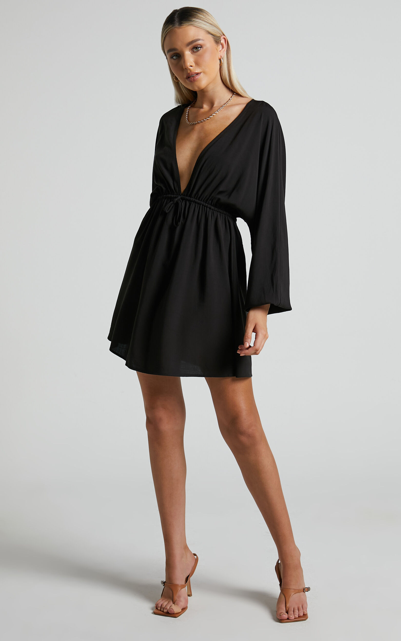Tyrica V Neck Tie Waist Long Sleeve Mini Dress in Black | Showpo (US, UK & Europe)