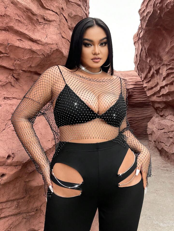 SHEIN SXY Plus Rhinestone Detail Fishnet Mesh Top Without Bra | SHEIN