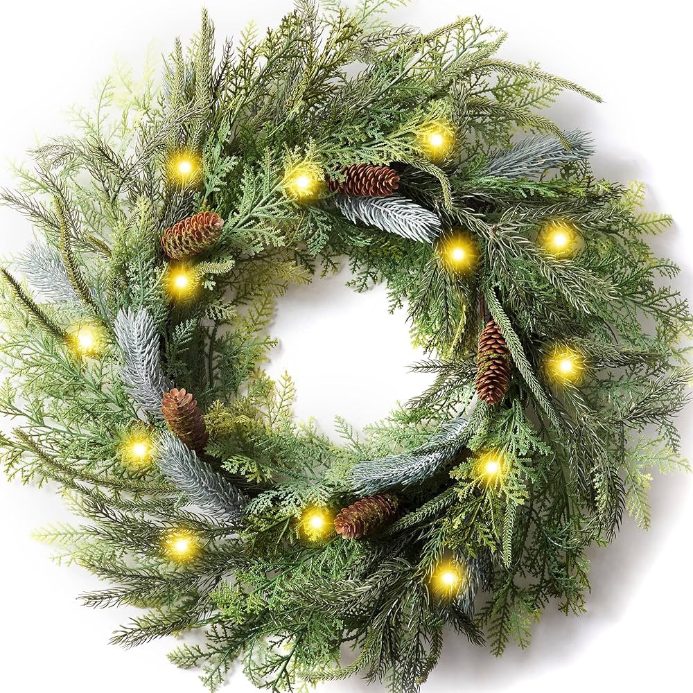 Decorbyhannah Christmas Wreath, 24 inch Prelit Collapsible Norfolk Pine Christmas Wreaths for Fro... | Amazon (US)