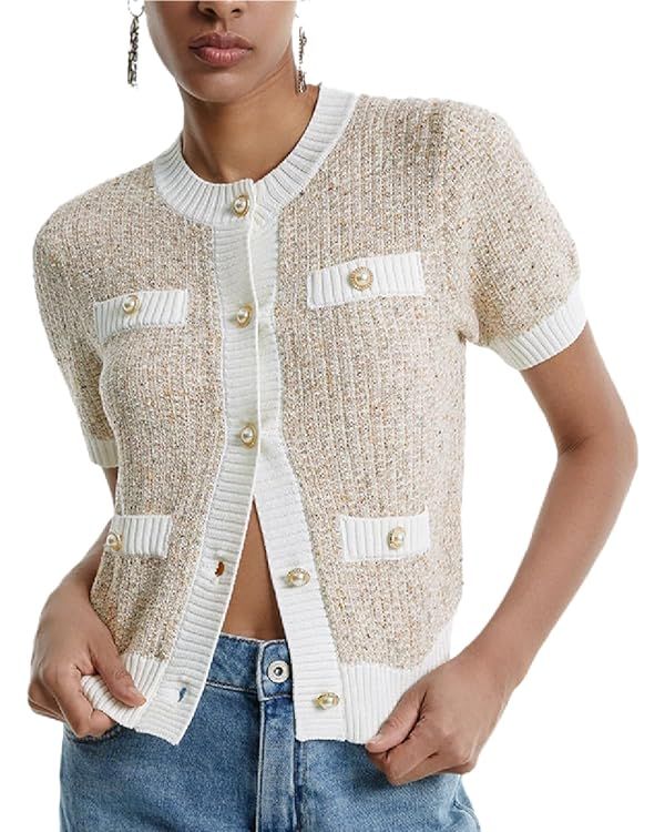 URBAN REVIVO Women's Short Sleeve Button Down Cropped Cardigans Sweater Crew Neck Rib Elegant Kni... | Amazon (US)