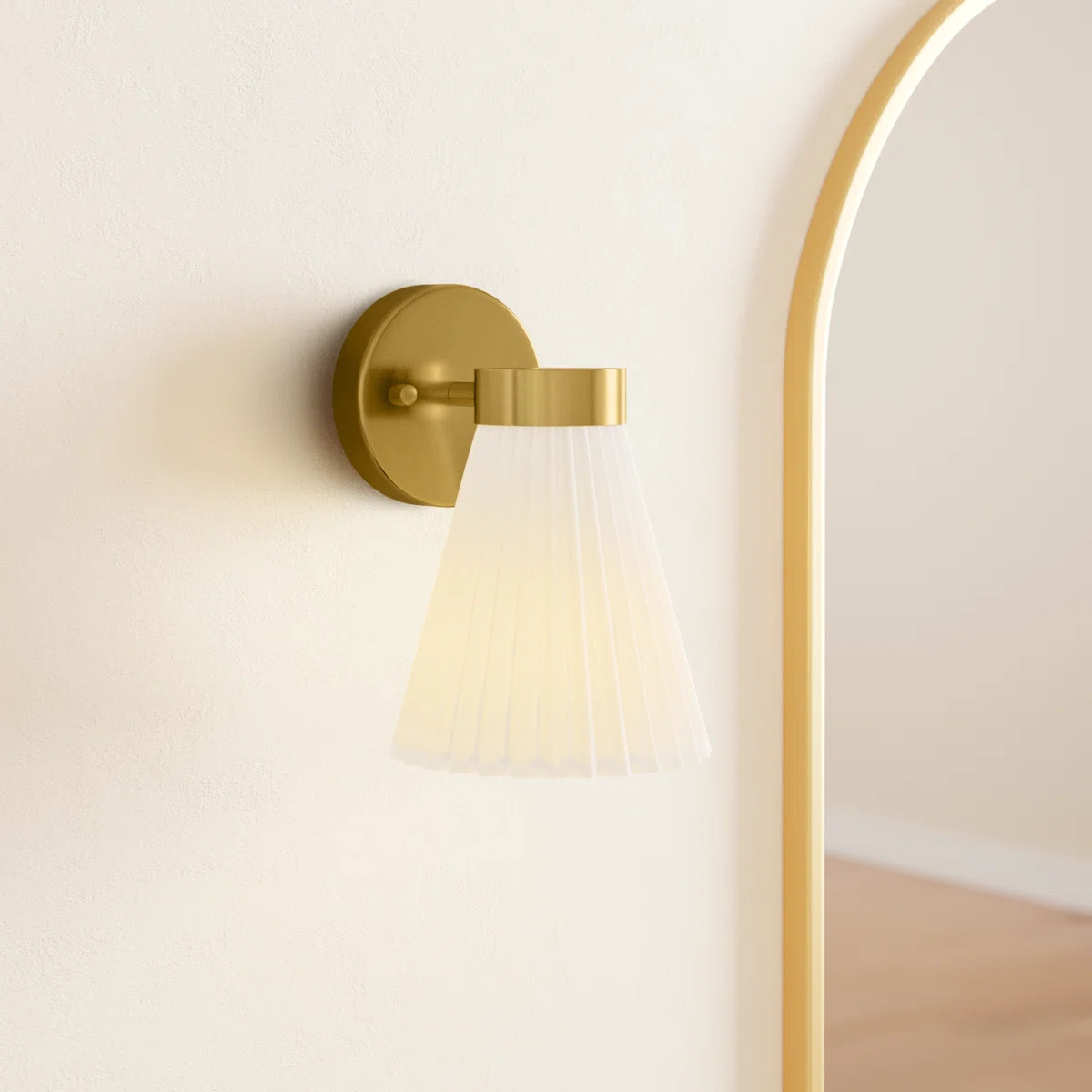 1-Light Wall Sconce Aged Brass with Pleated White Linen Shade Modern Wall Light | Wayfair North America