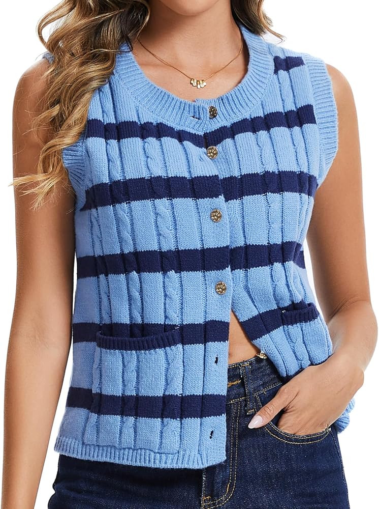 KEOMUD Women's Casual Sleeveless Knit Cardigan,Striped Lightweight Button Down Sweater Vest with ... | Amazon (US)