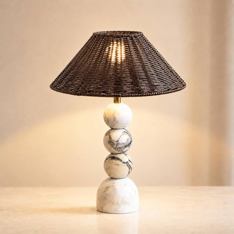 Calacatta Marble Table Lamp,Coffee Brown Rattan Shade,for Side Table | Amazon (US)