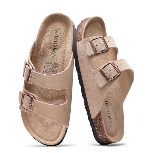 KIDMI Unisex Genuine Suede Summer Sandals Arch Support Cork Footbed Slide Sandals with Double Adjustable Buckle for Women Men, Apricot 42 | Amazon (US)