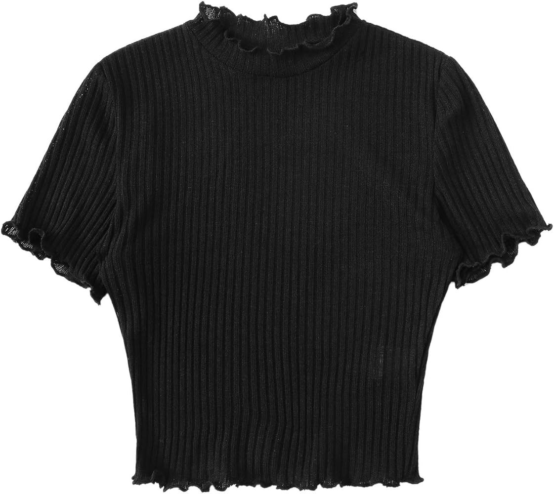 SweatyRocks Women's Lettuce Trim Ribbed Knit Short Sleeve Crop Top T-Shirt | Amazon (US)