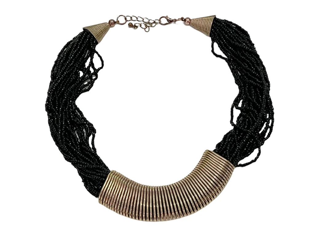 Retro Multistrand Black Seed Bead Statement Necklace With Metal Coil 20" - Etsy | Etsy (US)