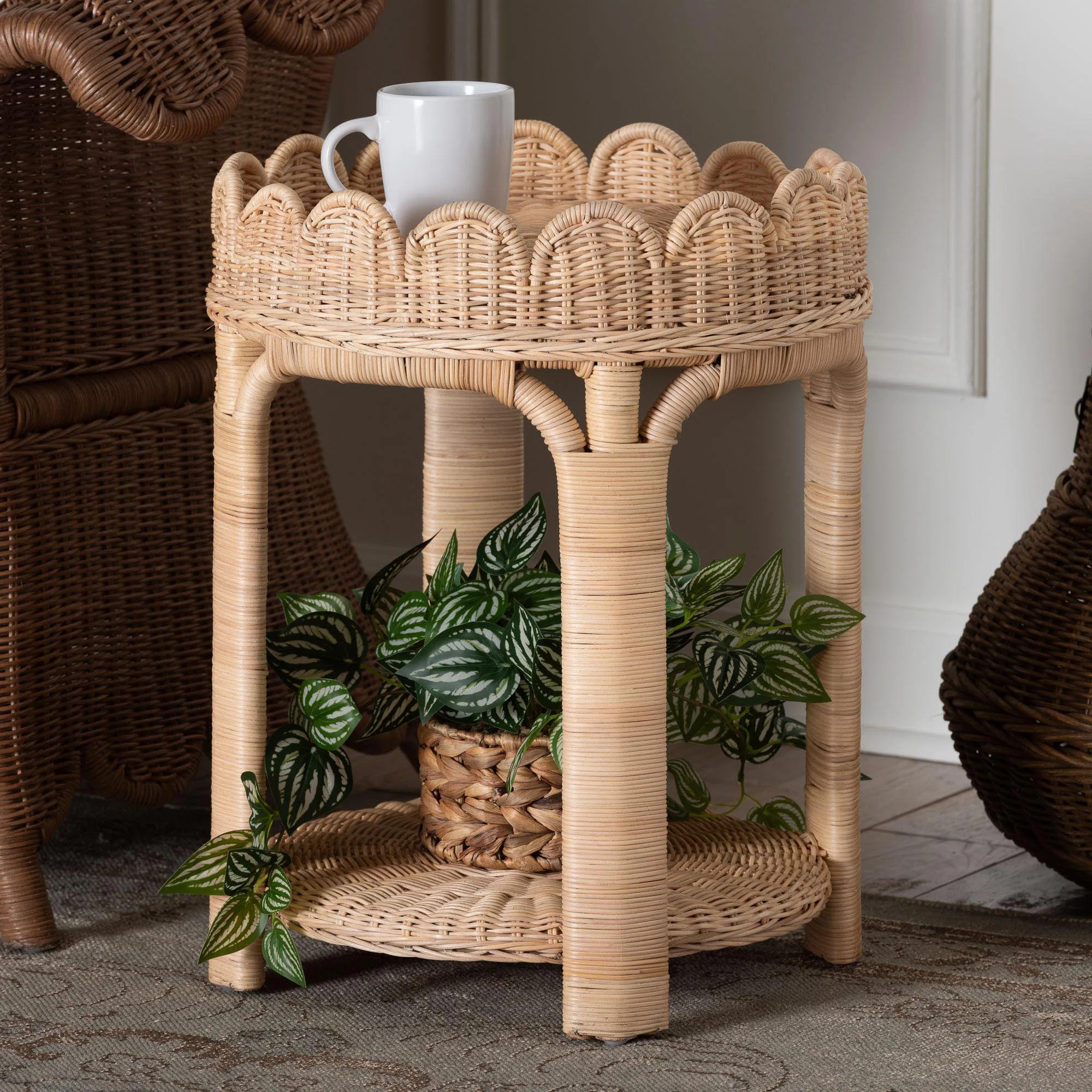 Bali & Pari Latoya Natural Rattan End Table - Handwoven Wicker 2-Tier Side Table With Scalloped B... | Wayfair North America