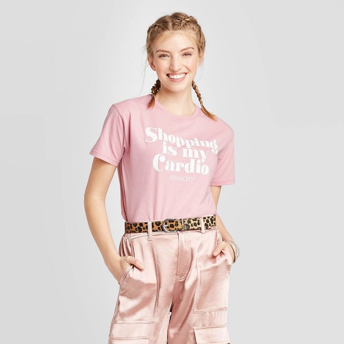 Women's Sex and the City Shopping is My Cardio Short Sleeve Cropped T-Shirt (Juniors') - Pink | Target