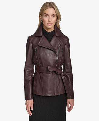 Women's Violet Belted Moto Leather Jacket | Macy's