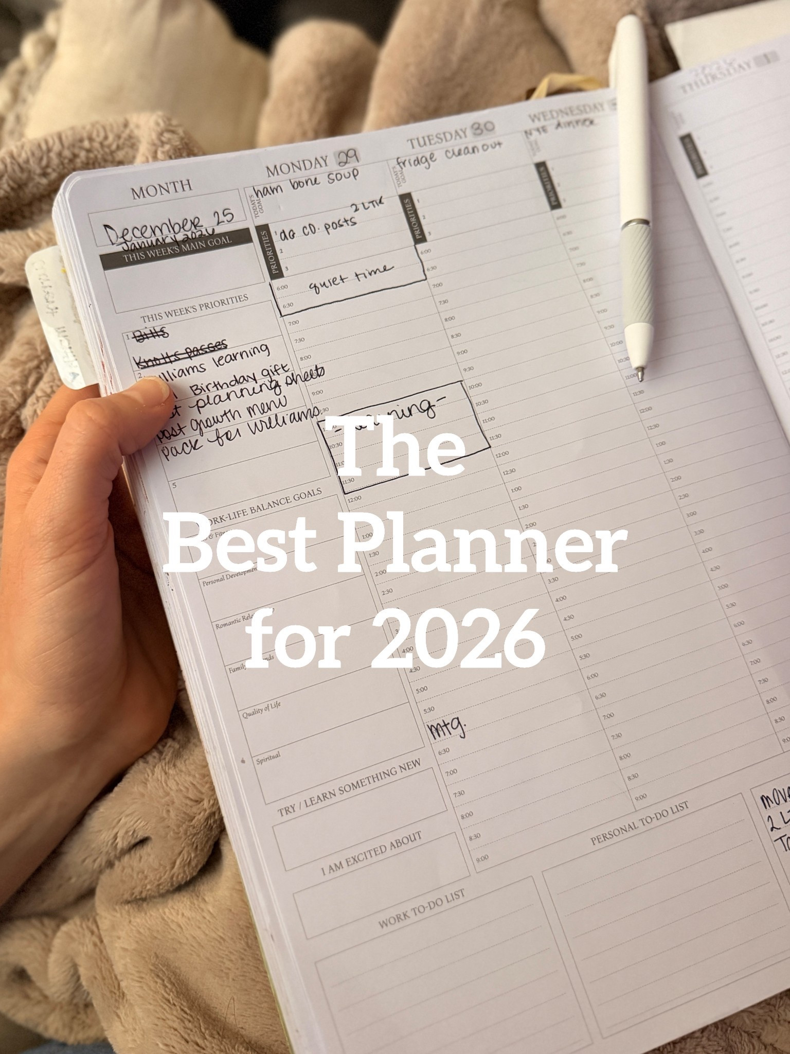 The best planner for 2026 is A Legend Planner Pro with hourly time slots. 

I use the “today’s goals” at the top of each day as our meal planning planner. Each day has 3 priorities. Hourly time slots on each day allow you to time block your day which is LIFE CHANGING when you plan your day in time chunks. Each page displays a full week with habit tracker, work and personal to do list spots, places to review your week + month + year. 

Tracking will lead to consistency this year for you, friend!! 

This is my 5th year using a legend planner! 

#LTKdayinmylife #LTKmorningroutine #LTKmomlife