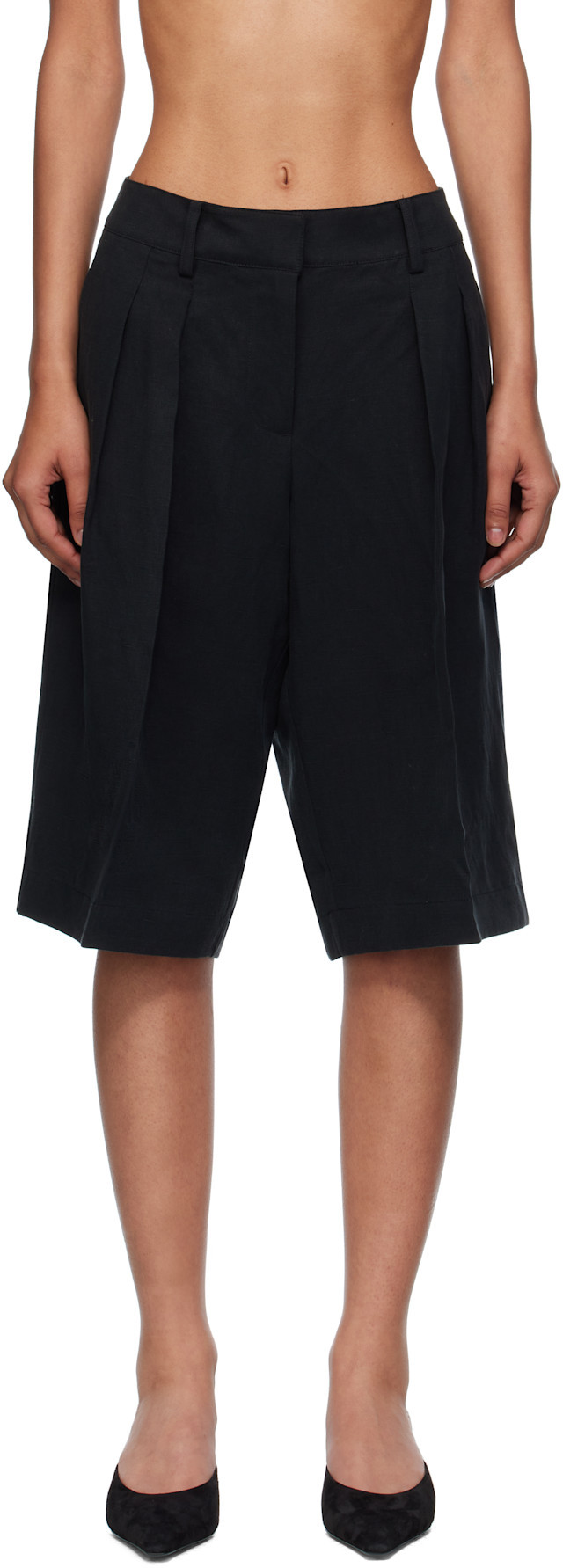 Black Bilbao Pleated Linen Bermuda Shorts | SSENSE