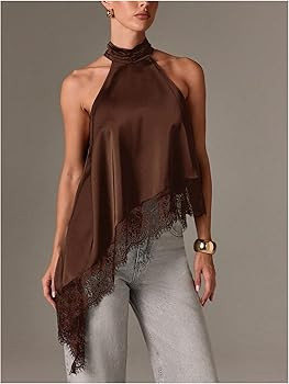 Milumia Women's Y2k Halter Mock Neck Sleeveless Top Lace Asymmetrical Hem Going Out Tank Tops | Amazon (US)