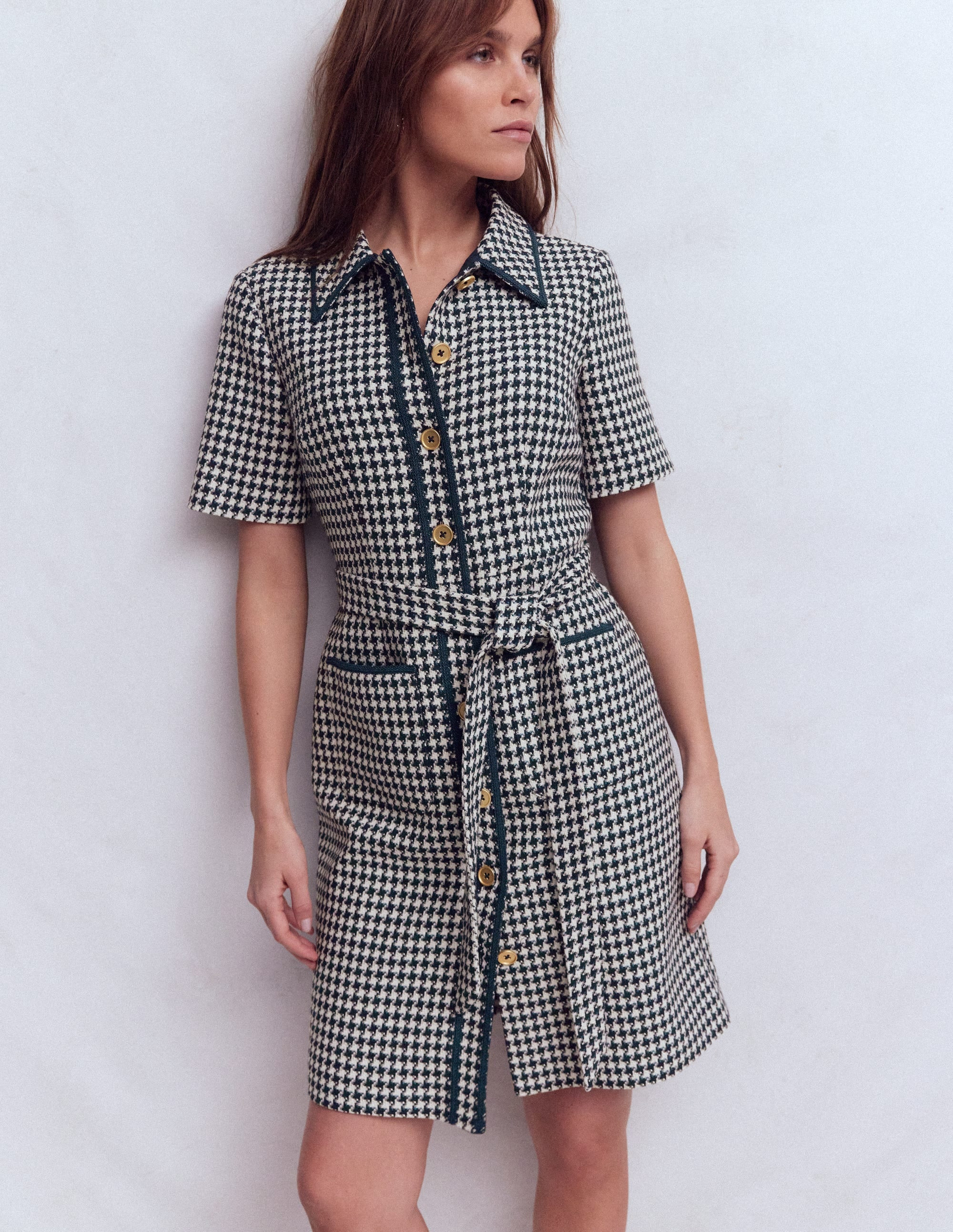 Loren Trim Short Dress-Navy Dogtooth | Boden (US)