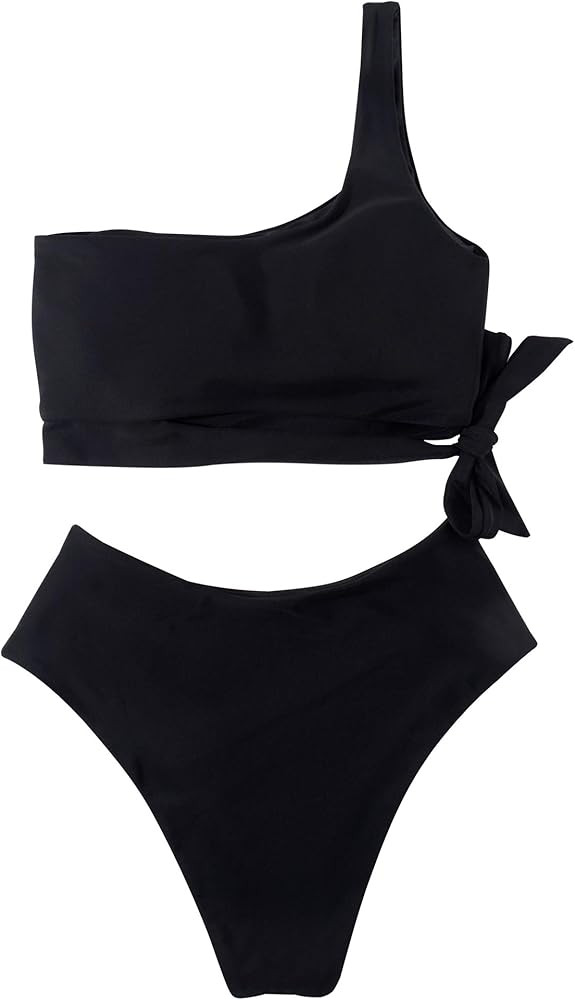 MOOSLOVER Women One Shoulder High Waisted Bikini Tie High Cut Two Piece Swimsuits | Amazon (US)