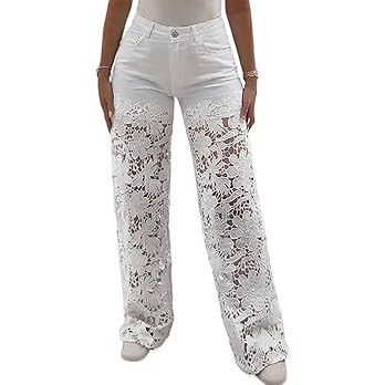 CHICME Women's High Waist Jeans Lace Spliced Stretchy Zipper Wide Leg Pants with Pockets Hollow-O... | Amazon (US)