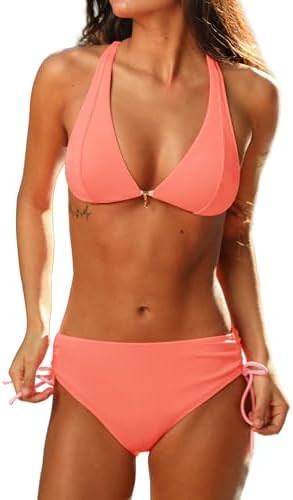CUPSHE Women's Bikini Sets V Neck Two Piece Swimsuit Textured Color Block Drawstring Self Tie Bat... | Amazon (US)