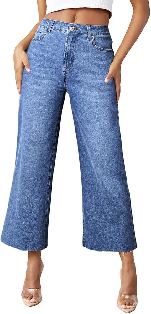 Sidefeel Women's Fashion Wide Leg Jeans High Waisted Stretchy Buttoned Denim Pants with Pockets | Amazon (US)