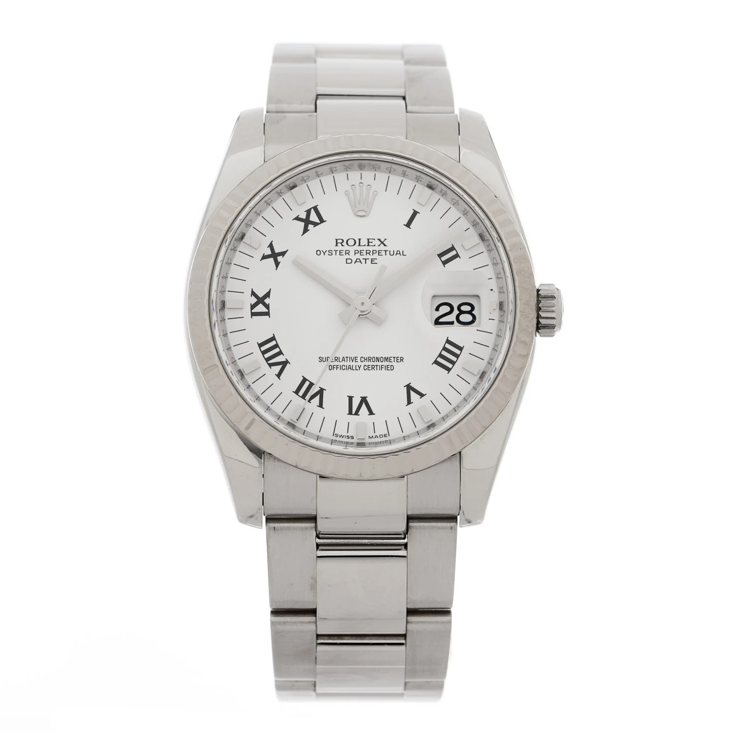 Rolex Stainless Steel 18K White Gold Diamond 34mm Oyster Perpetual Date Watch White Roman 115234 ... | FASHIONPHILE (US)