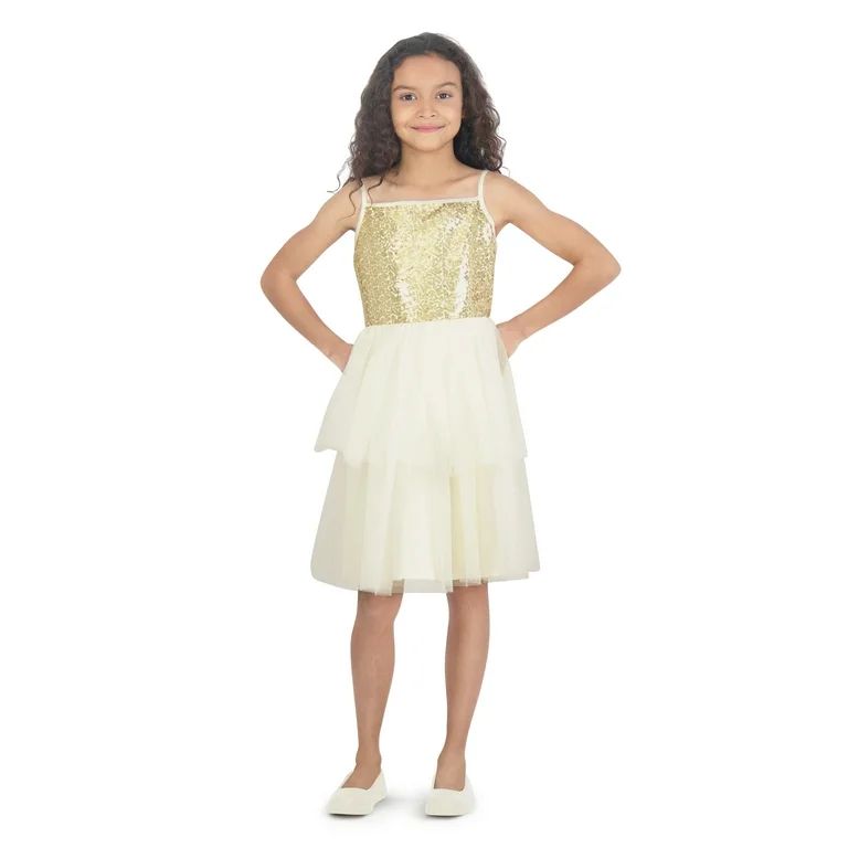 Wonder Nation Girls Ivory Sequin Mesh Dress, Sizes 4-16 & Plus | Walmart (US)