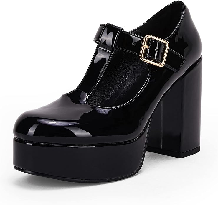 Coutgo Womens' T-Strap Round Toe Chunky Platform Heels Patent Mary Jane Dress Shoes | Amazon (US)