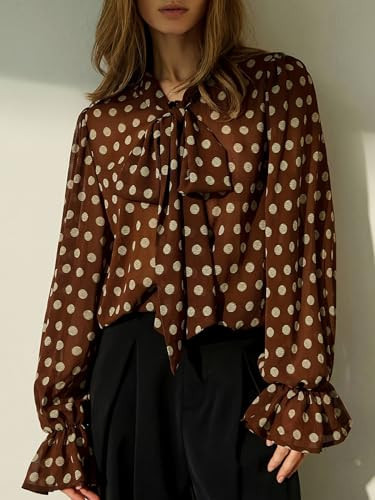 Women's Elegant Tie V Neck Polka Dot Blouse Pullover Long Sleeve Shirt Work Office Tunic Tops Outfits,Brown,2X-Large | Amazon (US)