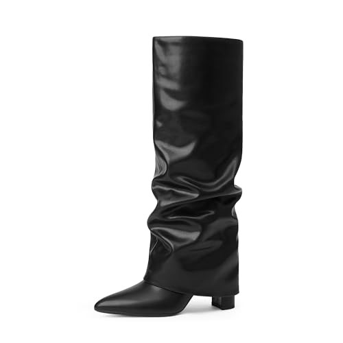 Modatope Knee High Black Slouchy Boots for Women Black Slouchy Fold Over Knee High Boots Chunky Heel Pointed Toe Tall Long Boots Size 8.5 | Amazon (US)