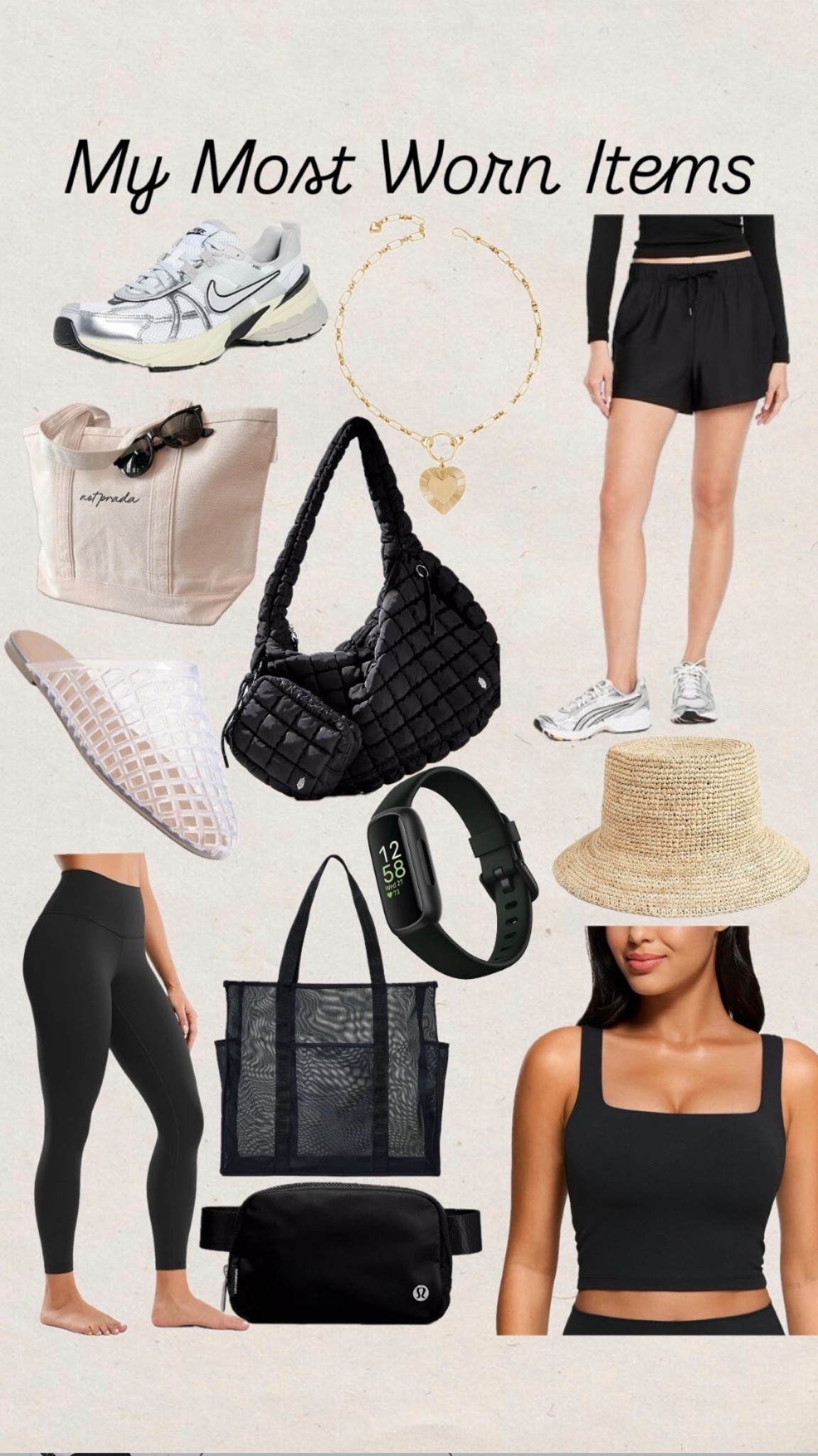 Nike sneakers
Bucket hat
Free people quilted bag
Jellies
Beach bag
Boat tote
Shorts
Brinker and Eliza

