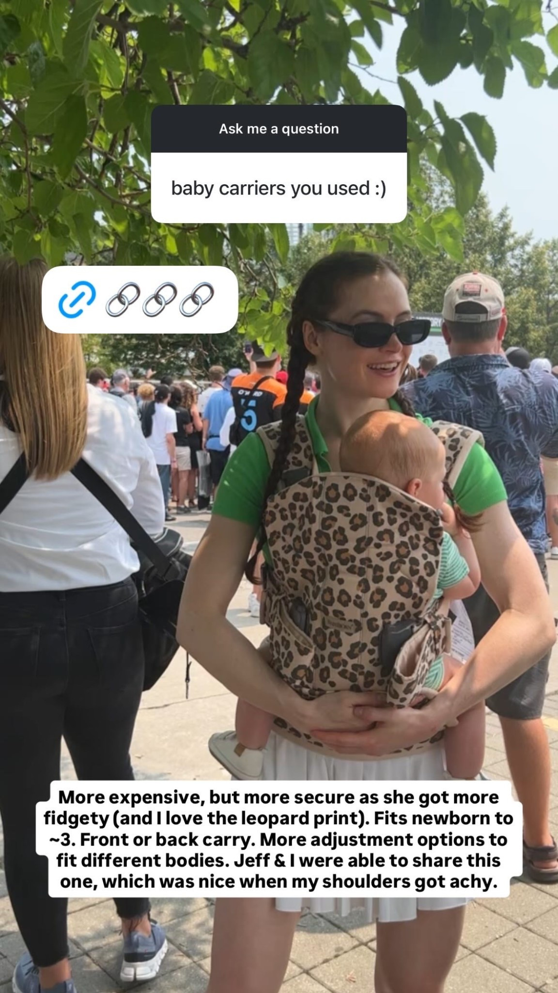 More expensive, but more secure as our daughter got more mobile / fidgety (and I love the leopard print). Fits newborn to ~3. Front or back carry. More adjustment options to fit different bodies. Jeff & I were able to share this one, which was nice when my shoulders got achy.

#LTKFamily #LTKBaby #LTKBump