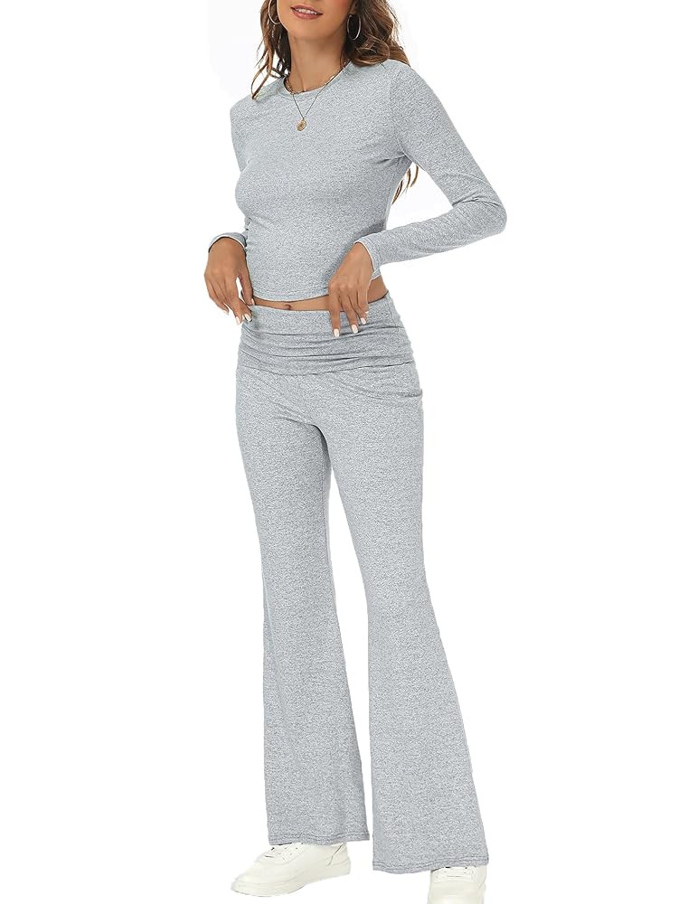 Lounge Sets for Women 2 Piece Long Sleeve Cropped Top and Fold-Over Flare Pants Slim Fit Comfy Pa... | Amazon (US)