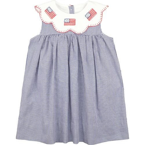 Navy Gingham Shadow Embroidered Flag Dress - Shipping Late June | Cecil and Lou