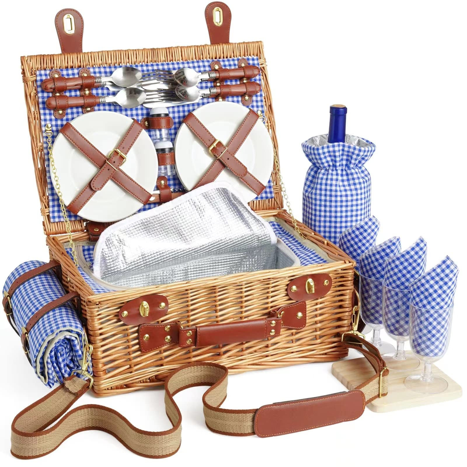 Wicker Picnic Basket Set for 4 Person with Cooler Compartment and Waterproof Picnic Blanket,Remov... | Amazon (US)