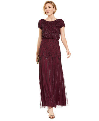 Women's Beaded Short-Sleeve Sheer-Overlay Gown | Macy's