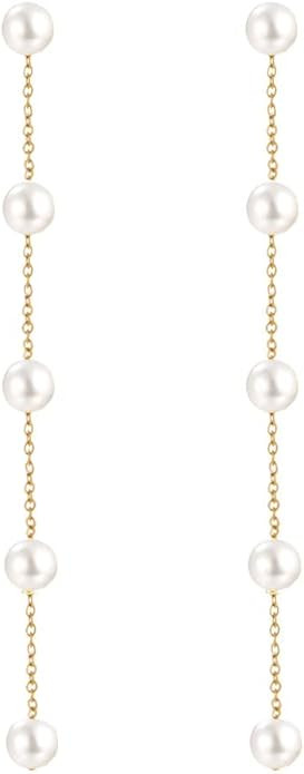 Pearl Dangle Earrings for Women, Threader Earrings Ball Drop Earrings Long Chain Bridal Wedding J... | Amazon (US)