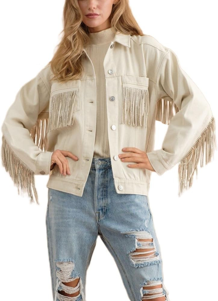 Esmeling Womens Loose Button Up Rhinestone Fringe Jacket Denim Tassel Jacket Jean Coat | Amazon (US)