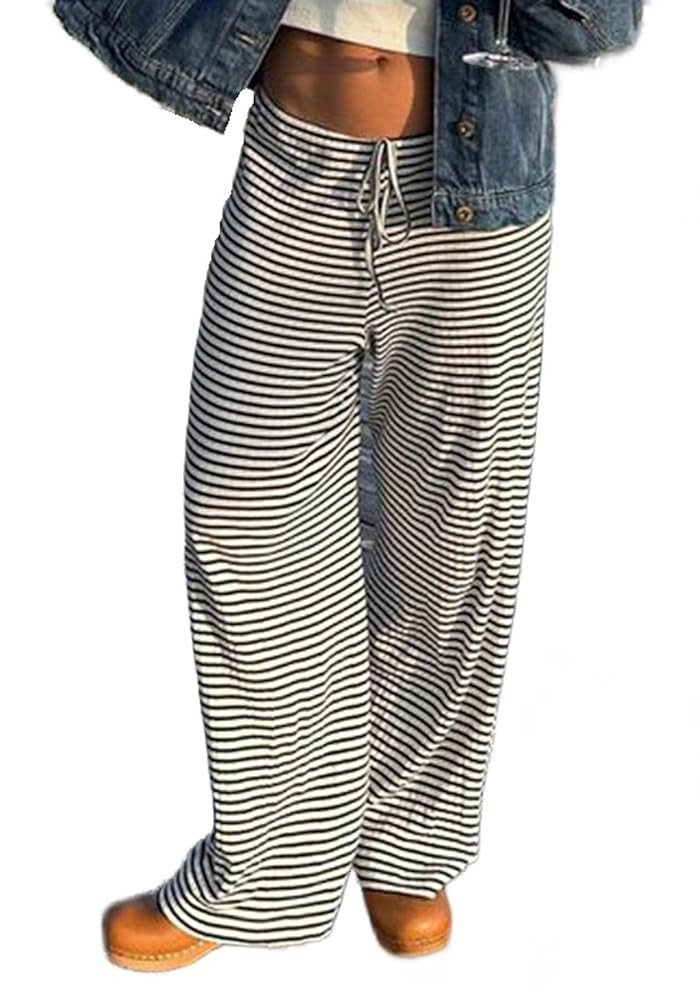 Women's Comfy Pajama Loose Casual Drawstring Lounge Pants - Striped Print Stretch Wide Leg | Amazon (US)