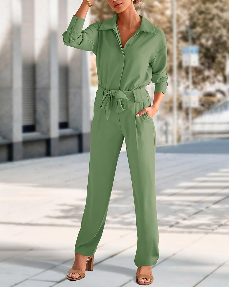BTFBM Women Fall Jumpsuit 2024 Casual Long Sleeve V Neck Belted Wide Leg Pants Romper with Pocket... | Amazon (US)