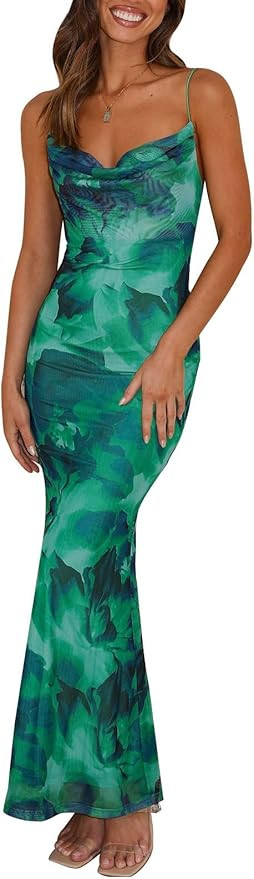 PRETTYGARDEN Women's 2025 Summer Floral Spaghetti Strap Maxi Dress Stretch Sexy Bodycon Dress Bac... | Amazon (US)