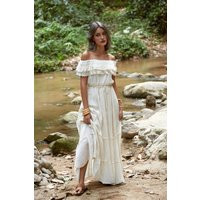 No.297 Women's Fringe Ruffle Detail Off Shoulder Dress, Lace Insert Tiered Maxi Bohemian Cotton Dress in Cream | Etsy (US)