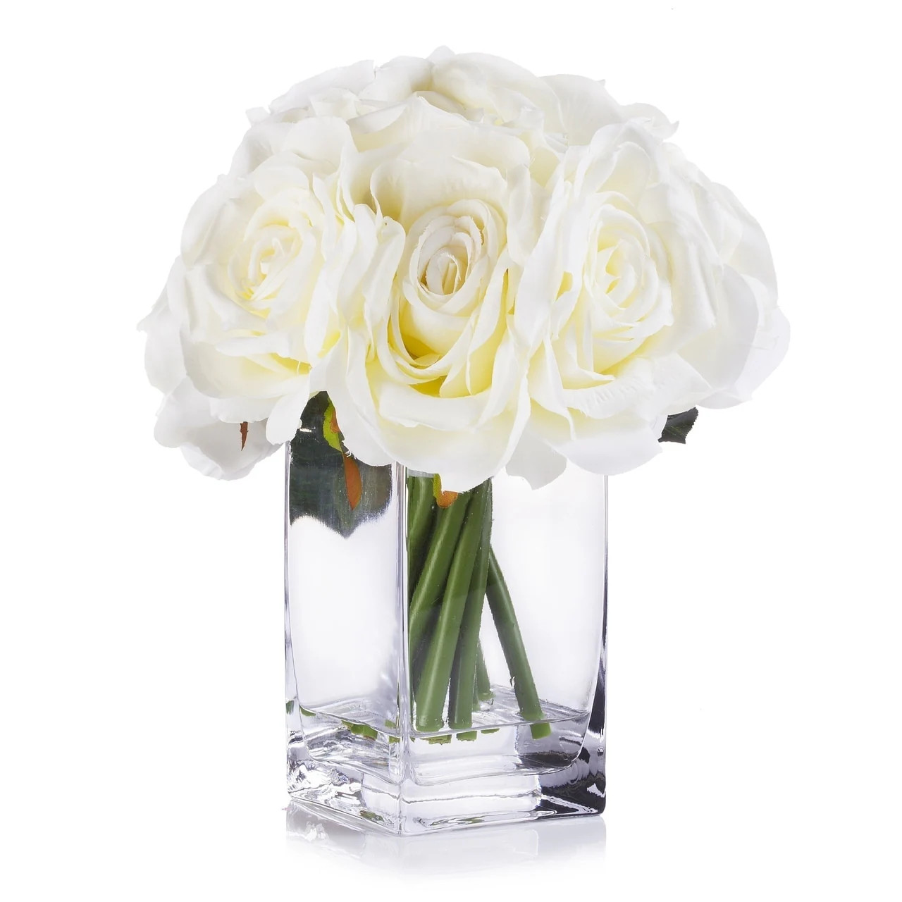 Enova Home Cream Artificial Silk Open Roses Fake Flowers Arrangement in Clear White Vase with Faux W | Bed Bath & Beyond