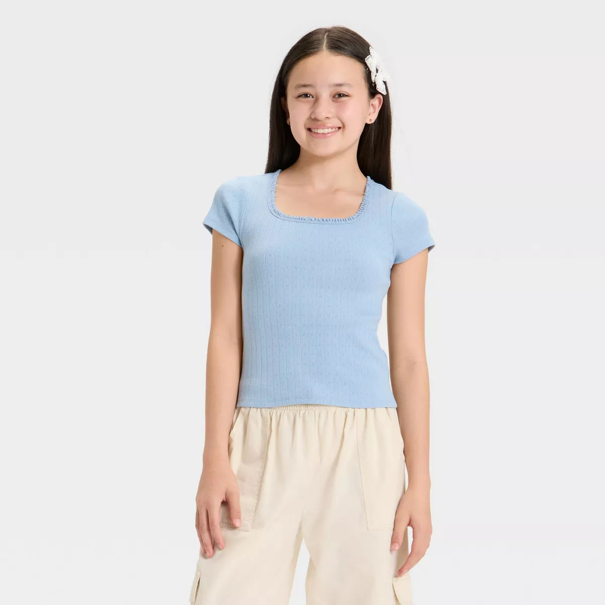 Girls' Lace Trim Short Sleeve Pointelle T-Shirt - art class™ | Target