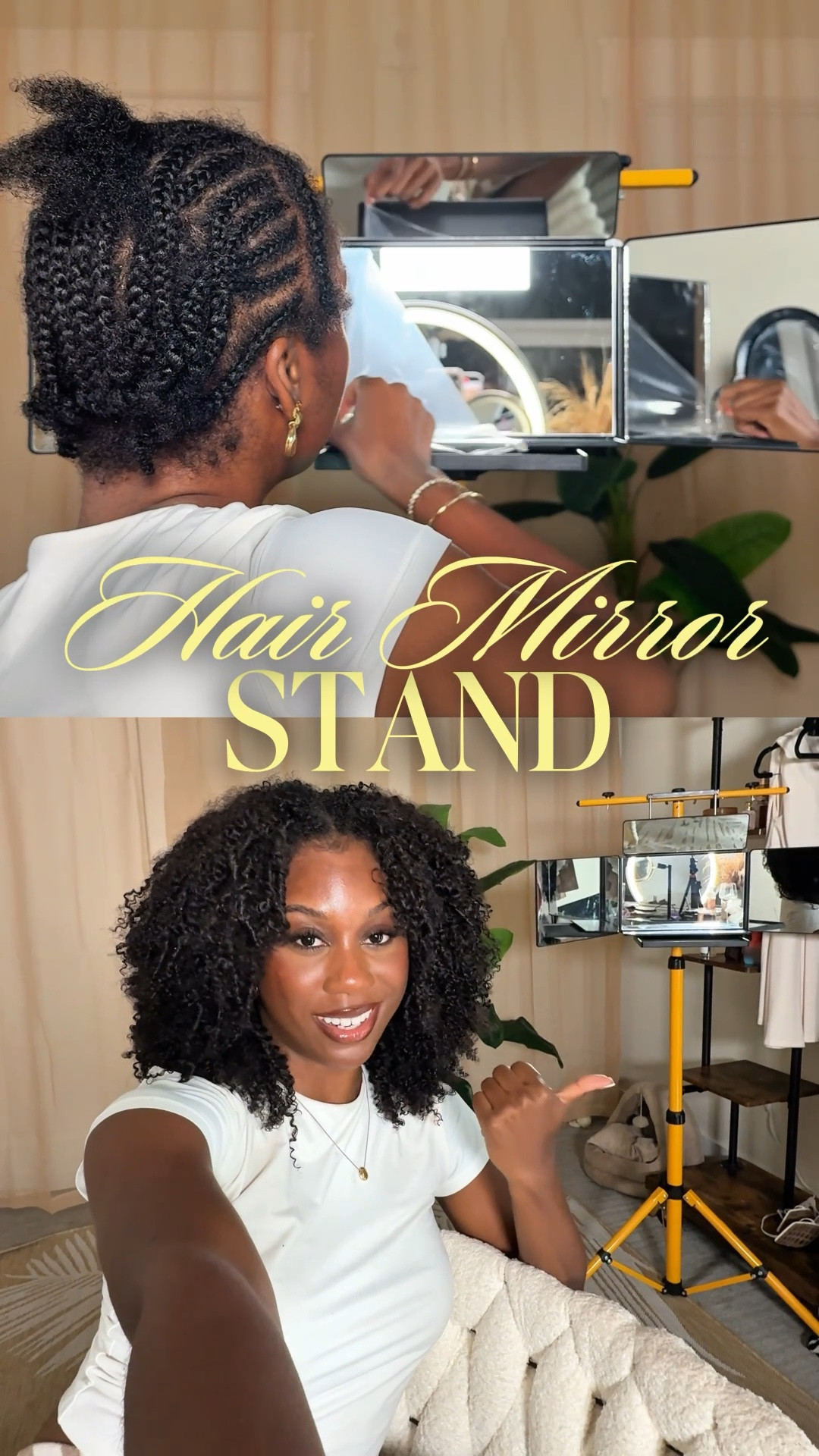 Finally can sit TF down lol knees used be hollering standing up at the back of a door with these 3/5 way mirrors. It’s not perfect but it’s my little work around to sit down comfortably & move it from room to room 

I added some other mirror options. The regular 3 way mirror and 1 with a built in led light. 

‼️IF YOU ALREADY HAVE A TRIPOD‼️ you can try using a dual mount ( for 2 cameras) & a mini ball tripod head to create a horizontal support to hold the mirror up. I added an option below. Keep in mind I haven’t been able to confirm this myself yet but i believe this theory works and can save you money & space. Be sure to pay attention to your tripod and ensure it has the capability for this method (it’ll just have a screw at the top NOT a built on phone attachment) 