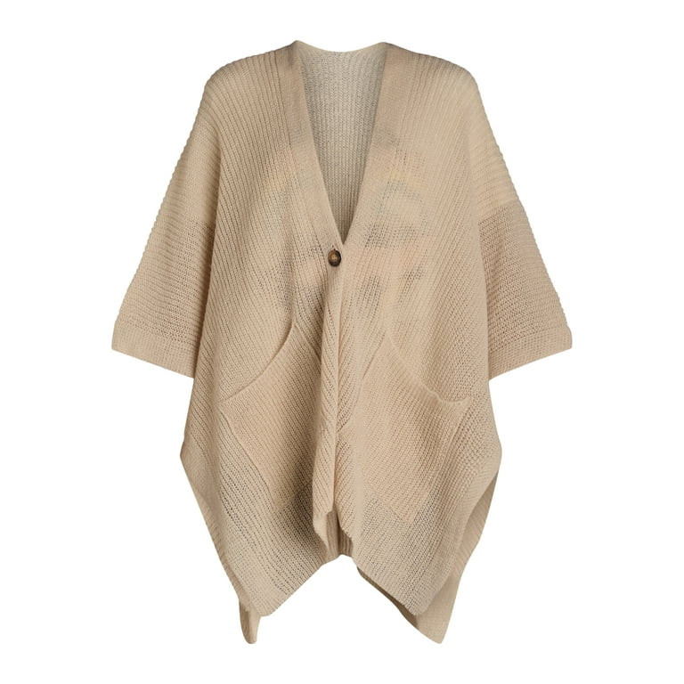 Time and Tru Women's Knit Fashion Ruana with Single Button, One Size, Tan | Walmart (US)